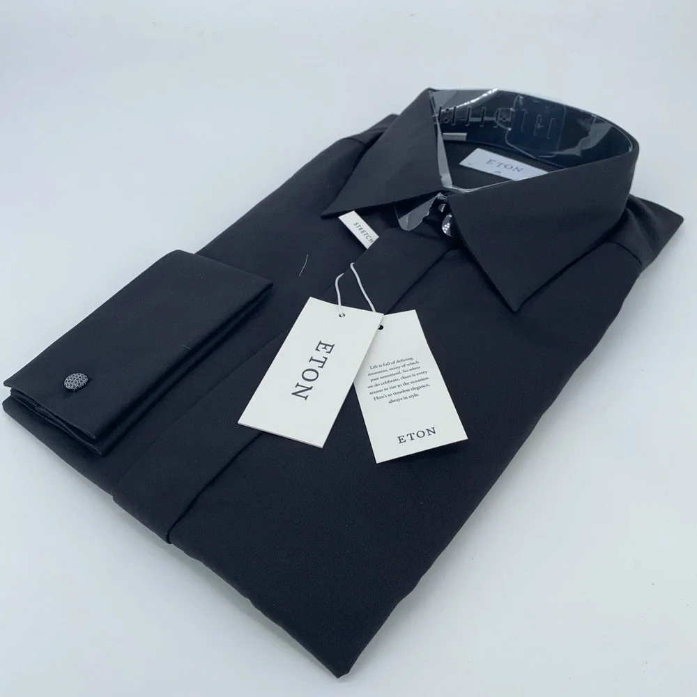 Eton Dress Shirt Mens XL 17 - 43 Black Fine Twill‎ Stretch Slim Collar Button Up